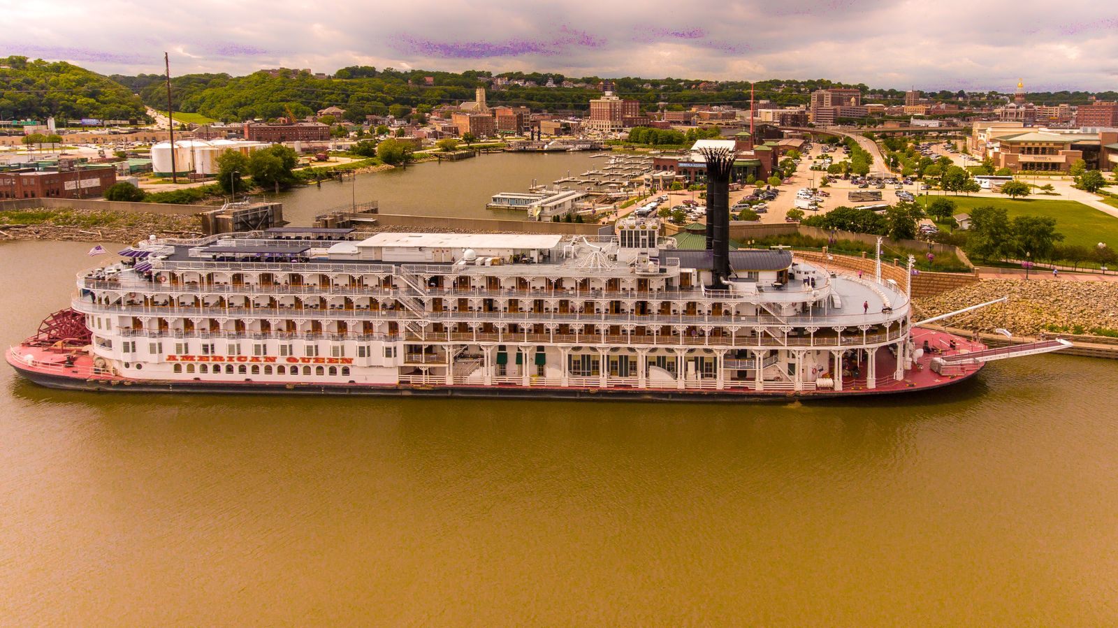 Aerial view of the American Queen steamboat moored at Dubuque, Iowa, before the line ceased operations